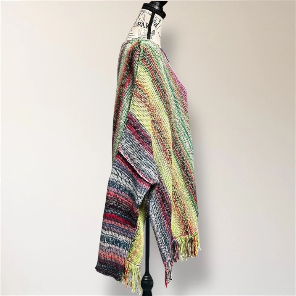 Free‎ People Rainbow Sprite Fringe Poncho Sweater L Oversized Boho Knit NWT $228